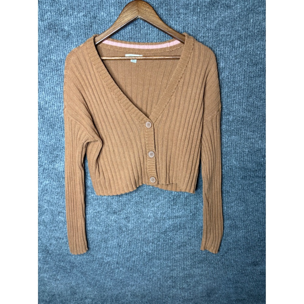 American Eagle Brown Ribbed Cropped Cardigan Sweater V-Neck Womens Small